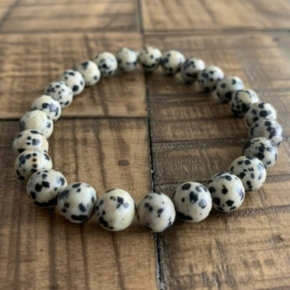 Handmade 8mm Dalmatian Jasper Stretch Bracelet - Picture 3 of 6